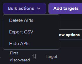 Bulk actions menu open on the API discovery page with Export CSV highlighted.