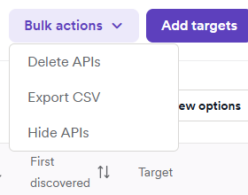 Bulk actions menu open on the API discovery page with Export CSV highlighted.