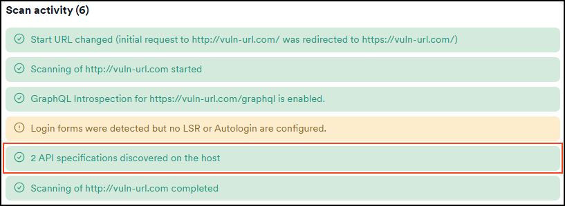 Scan activity with Sensorless API discovery not active showing only API specifications discovered.