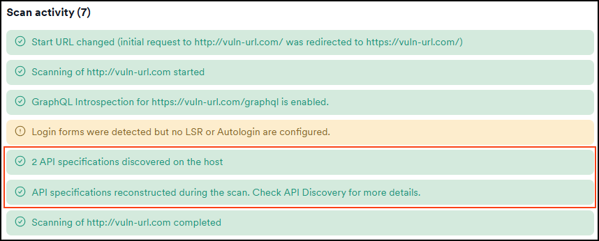 Scan activity with Sensorless API discovery active showing API specifications discovered and reconstructed.