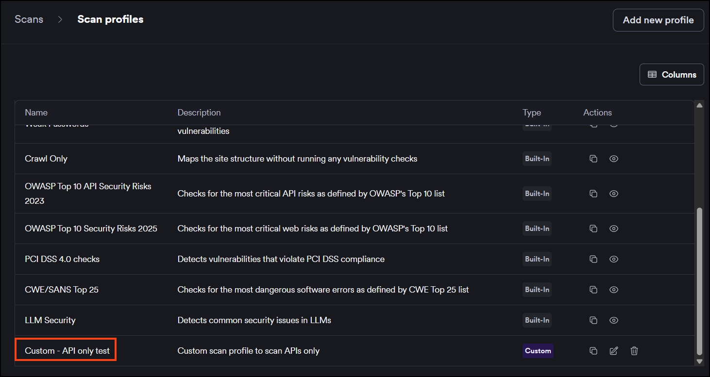 Custom scan profile listed at the bottom of the scan profiles page