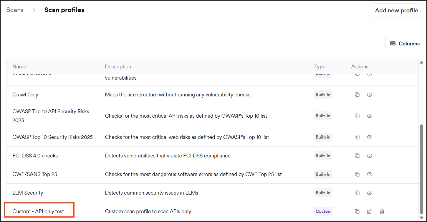 Custom scan profile listed at the bottom of the scan profiles page