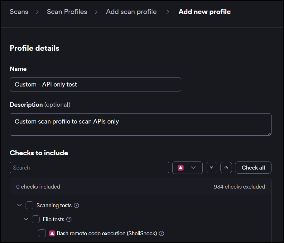 Security checks list with severity filter and highest severity indicators