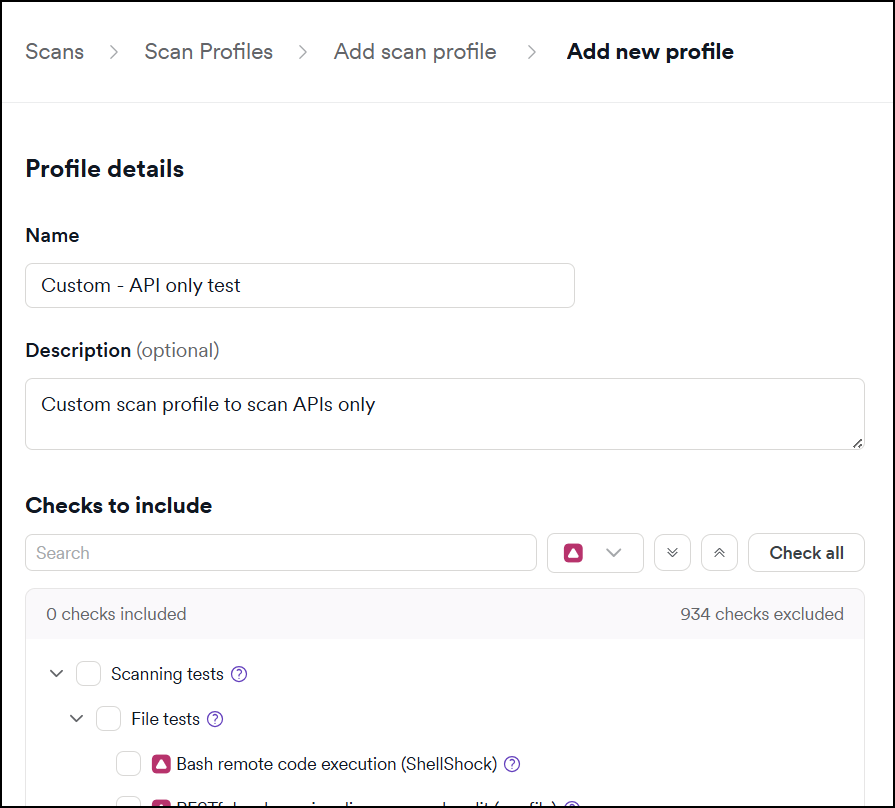 Security checks list with severity filter and highest severity indicators