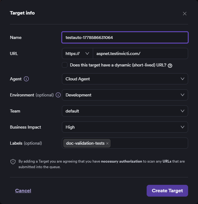 Target info modal with Name, URL, Environment, Team, Business Impact, and Labels fields filled in