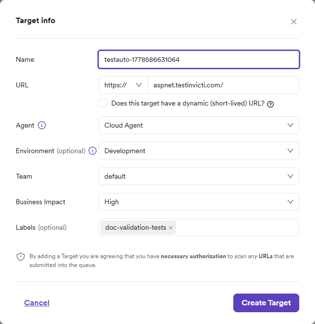 Target info modal with Name, URL, Environment, Team, Business Impact, and Labels fields filled in