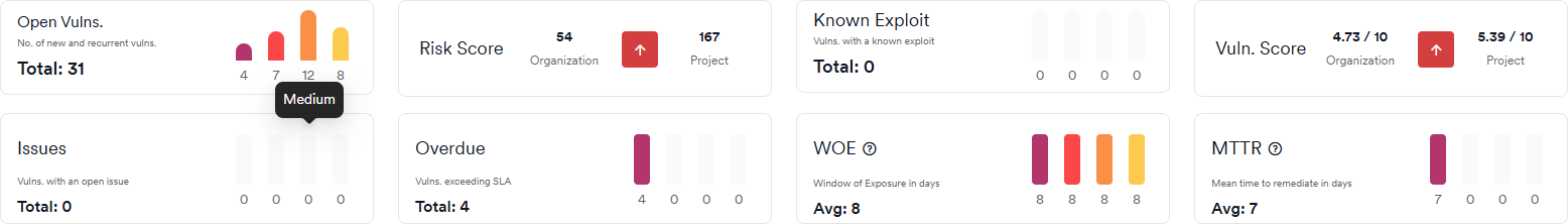 Target dashboard metrics row showing the Open Vulns, Risk Score, Known Exploit, Vuln. Score, Issues, Overdue, WOE, and MTTR tiles