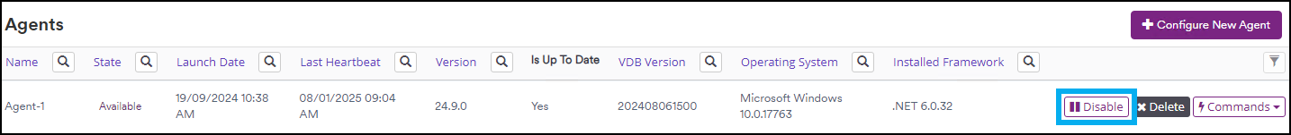 Click disable to deactivate the agent