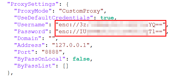 Username and password under proxysettings section with values