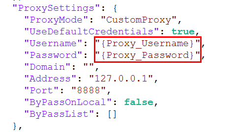 Locate username and password under proxysettings section