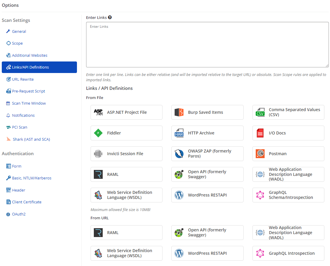Import links or API definitions in Invicti Enterprise.