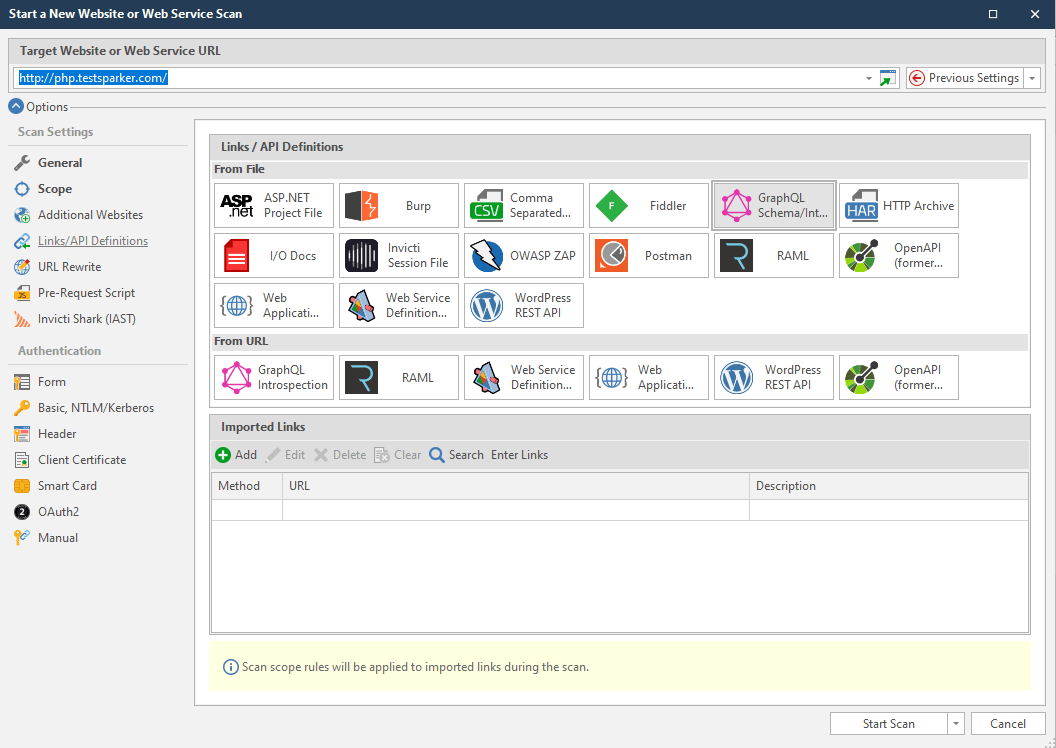 Import links or API definitions in Invicti Standard.