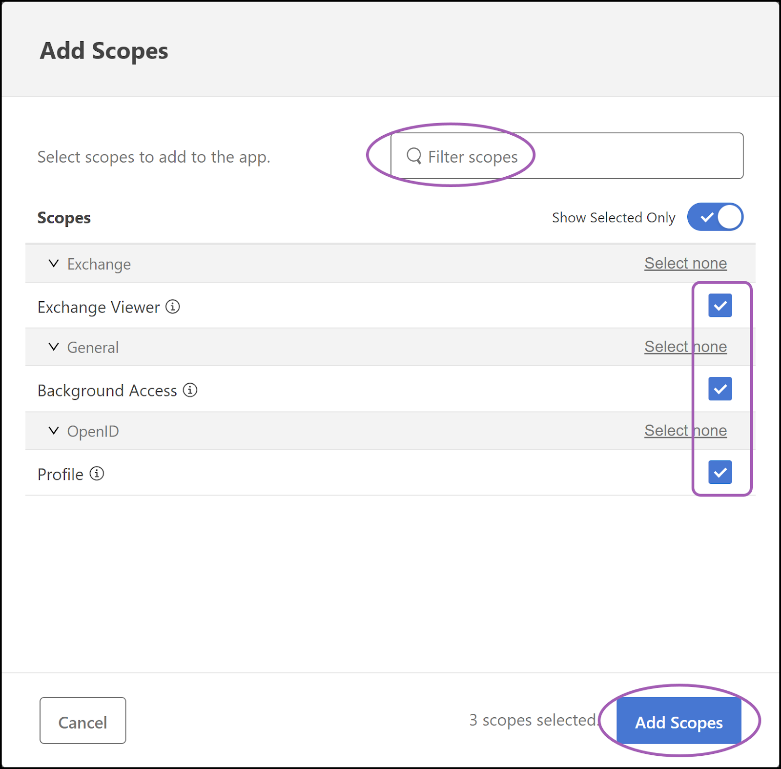 Add Scopes dialog in MuleSoft.