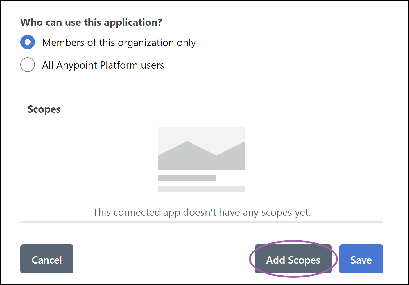 Add Scopes button in MuleSoft.
