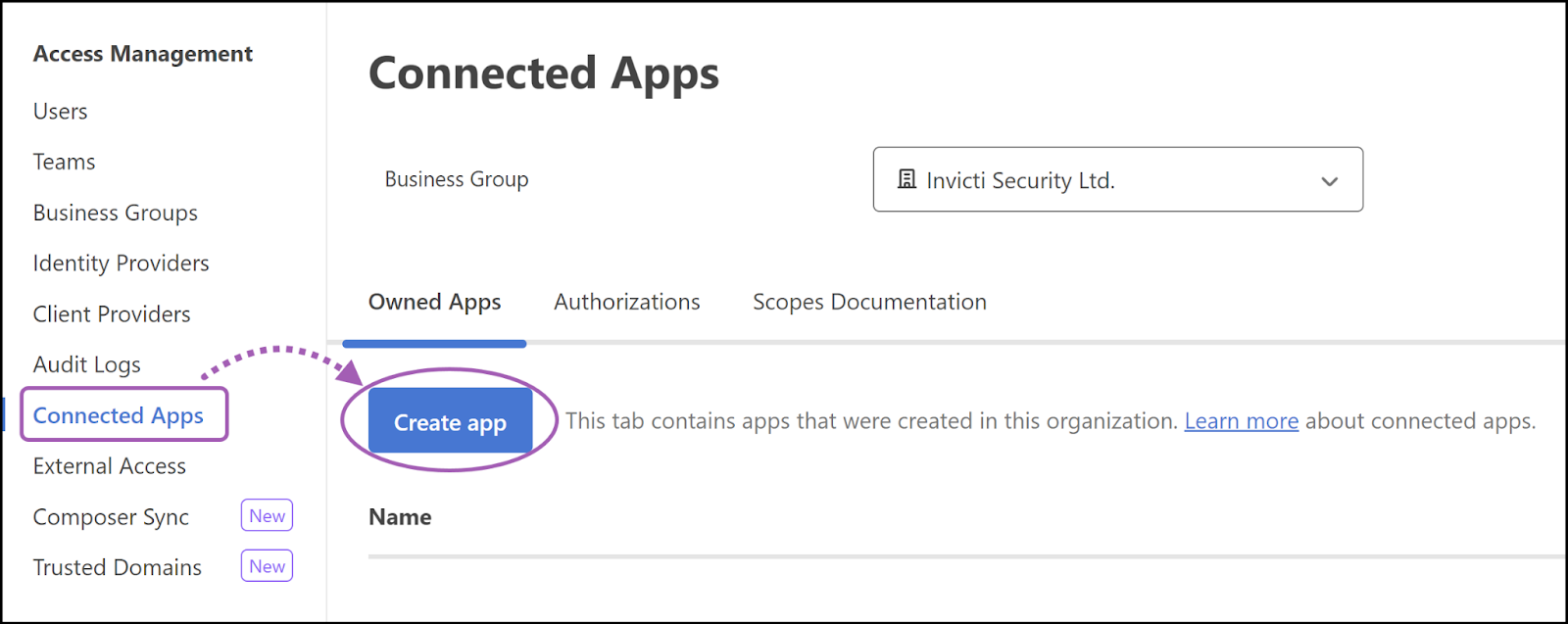 Connected Apps page in MuleSoft.