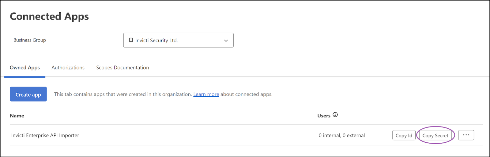 Copy Secret button in MuleSoft.