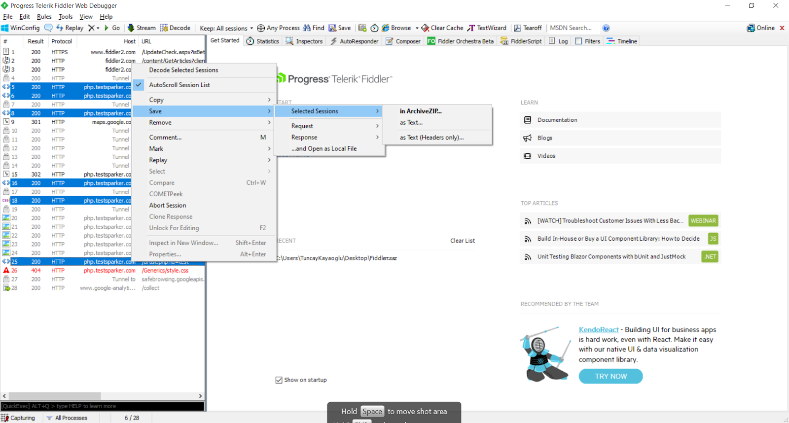 Fiddler session list.