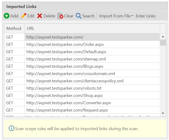 Imported links in Invicti Standard.