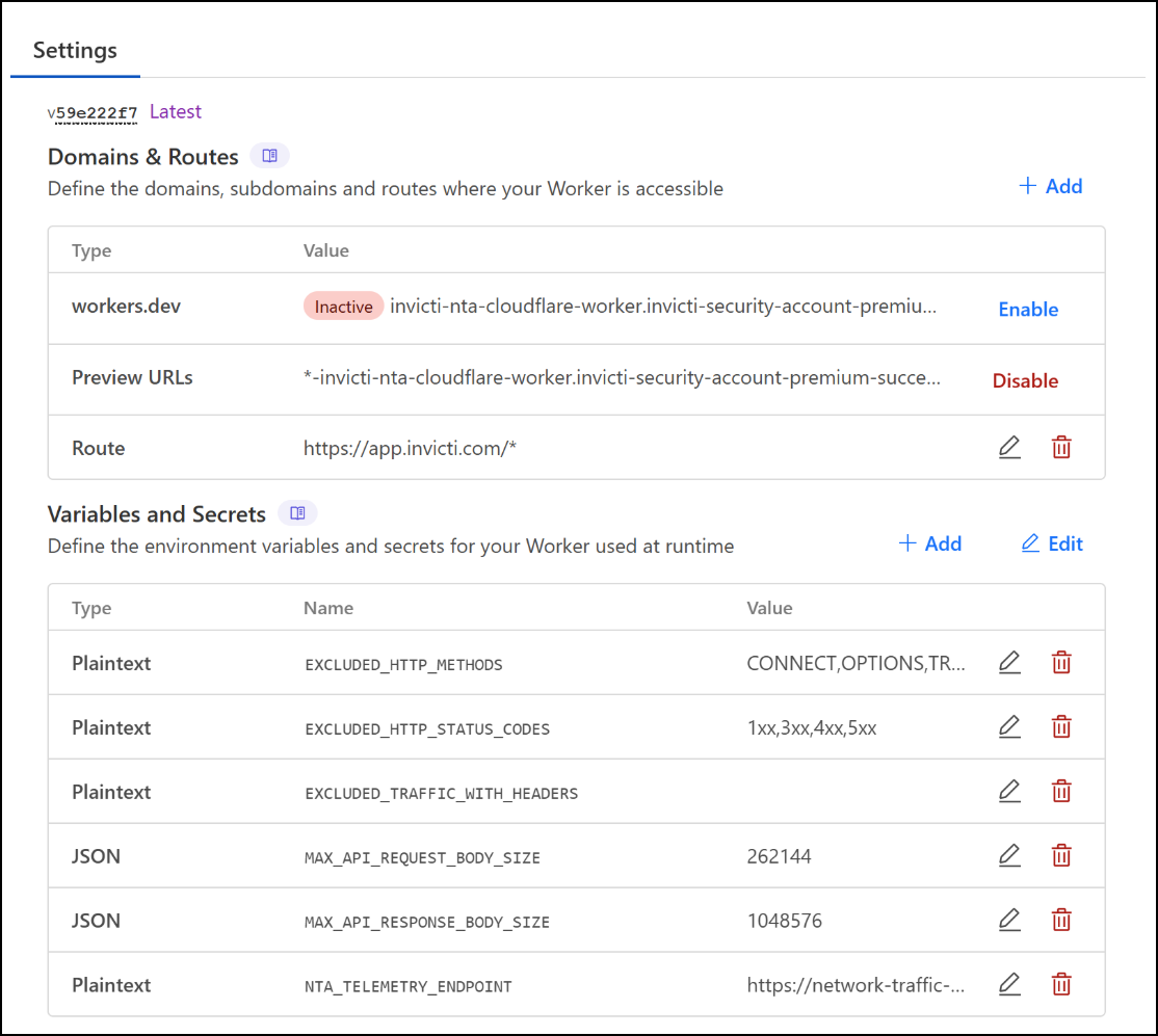 Cloudflare Worker settings.