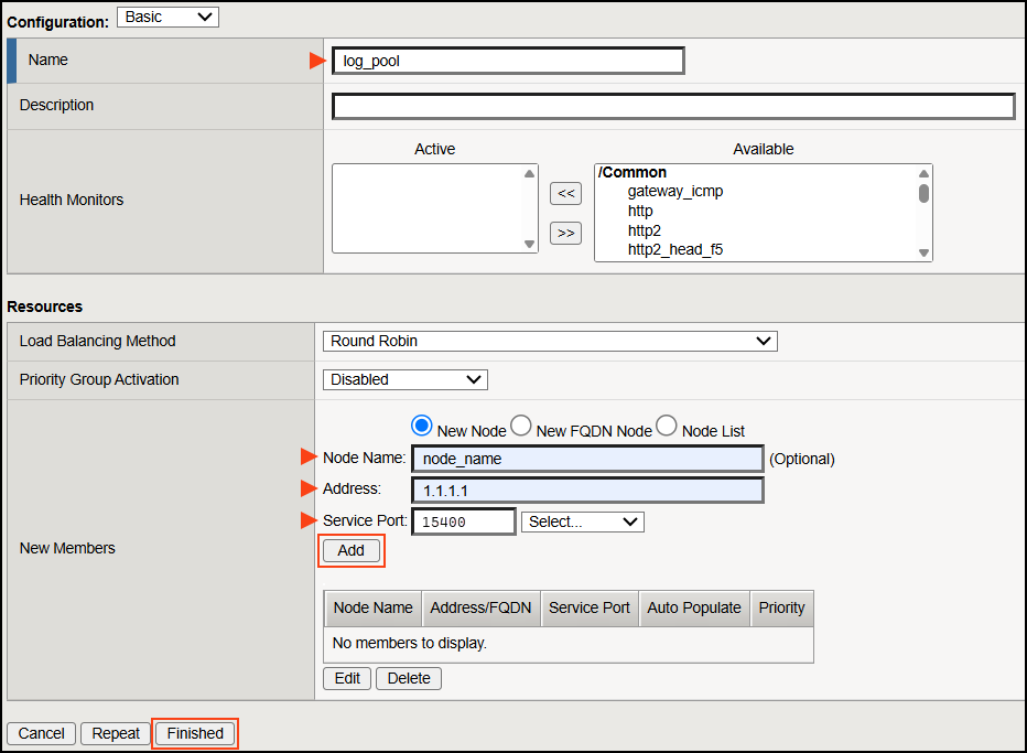 F5 BIG-IP New Pool configuration screen