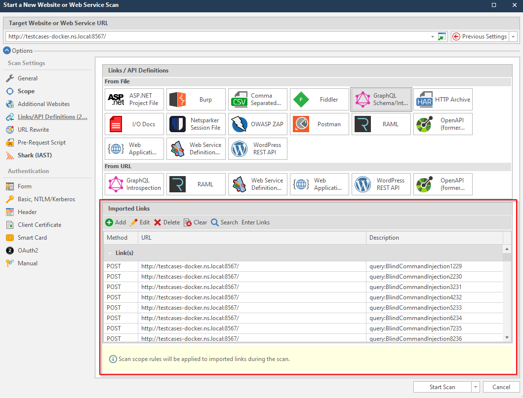 Imported GraphQL API links in Invicti Standard.