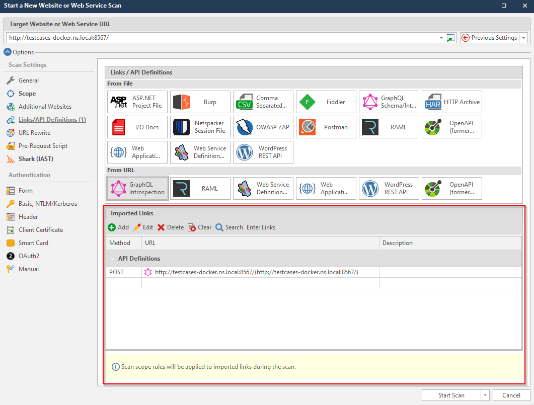 Imported links section for a GraphQL API definition in Invicti Standard.