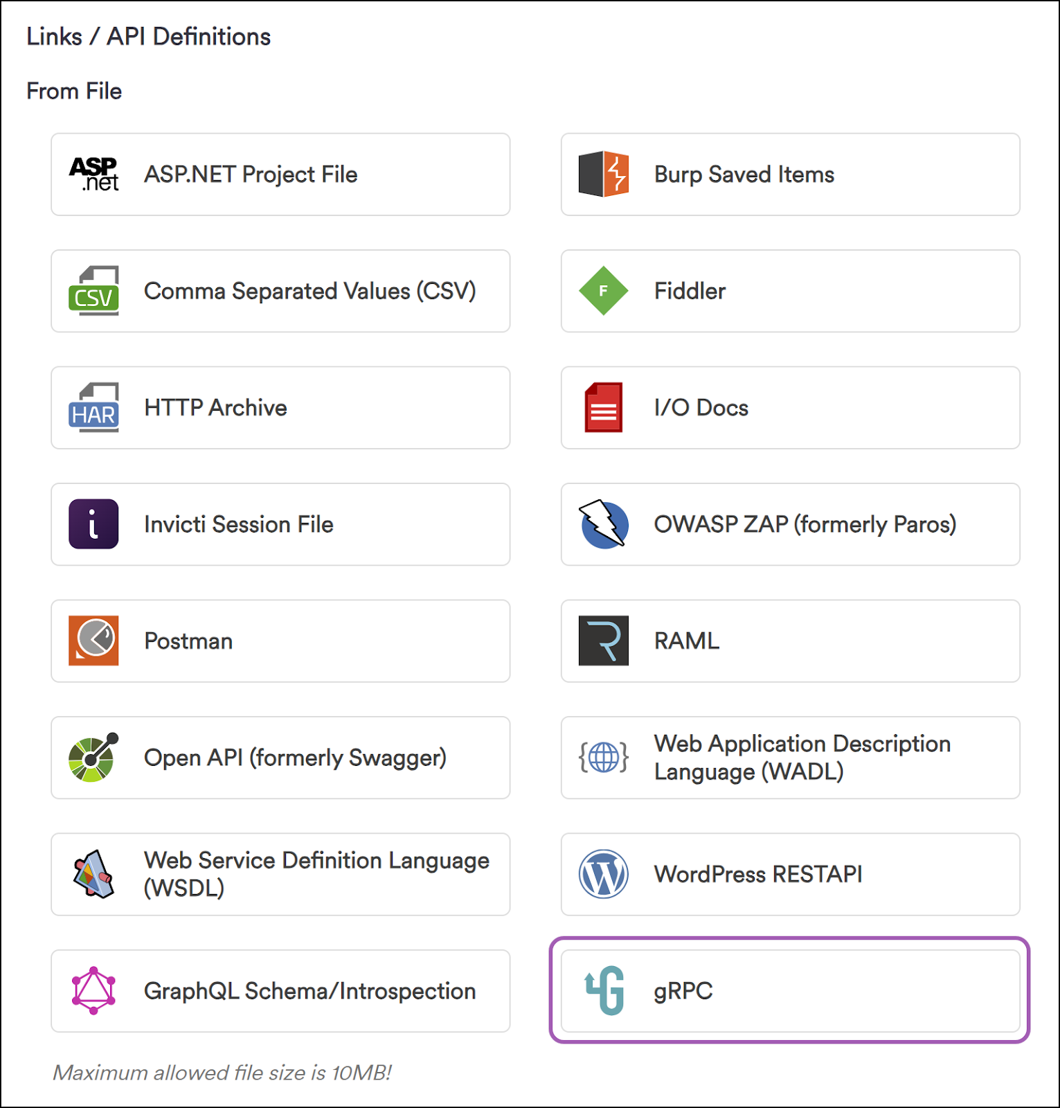 gRPC from file option in Invicti Enterprise.