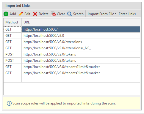 Imported links in Invicti Standard.