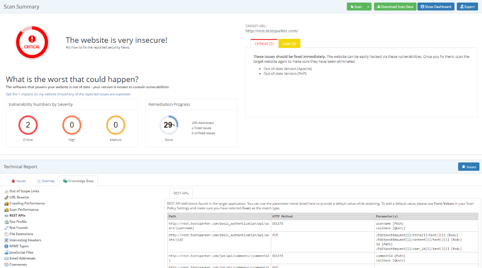 REST API node in Technical Report in Invicti Enterprise.