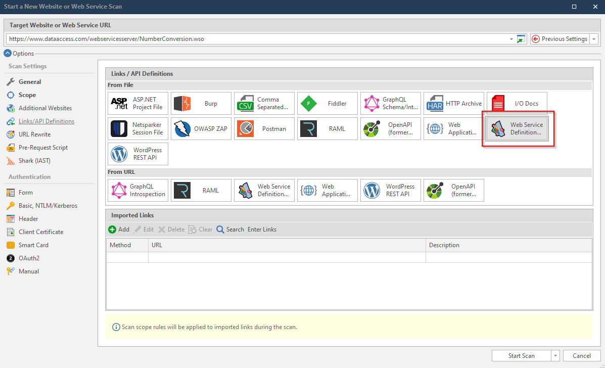 Import WSDL from file in Invicti Standard.