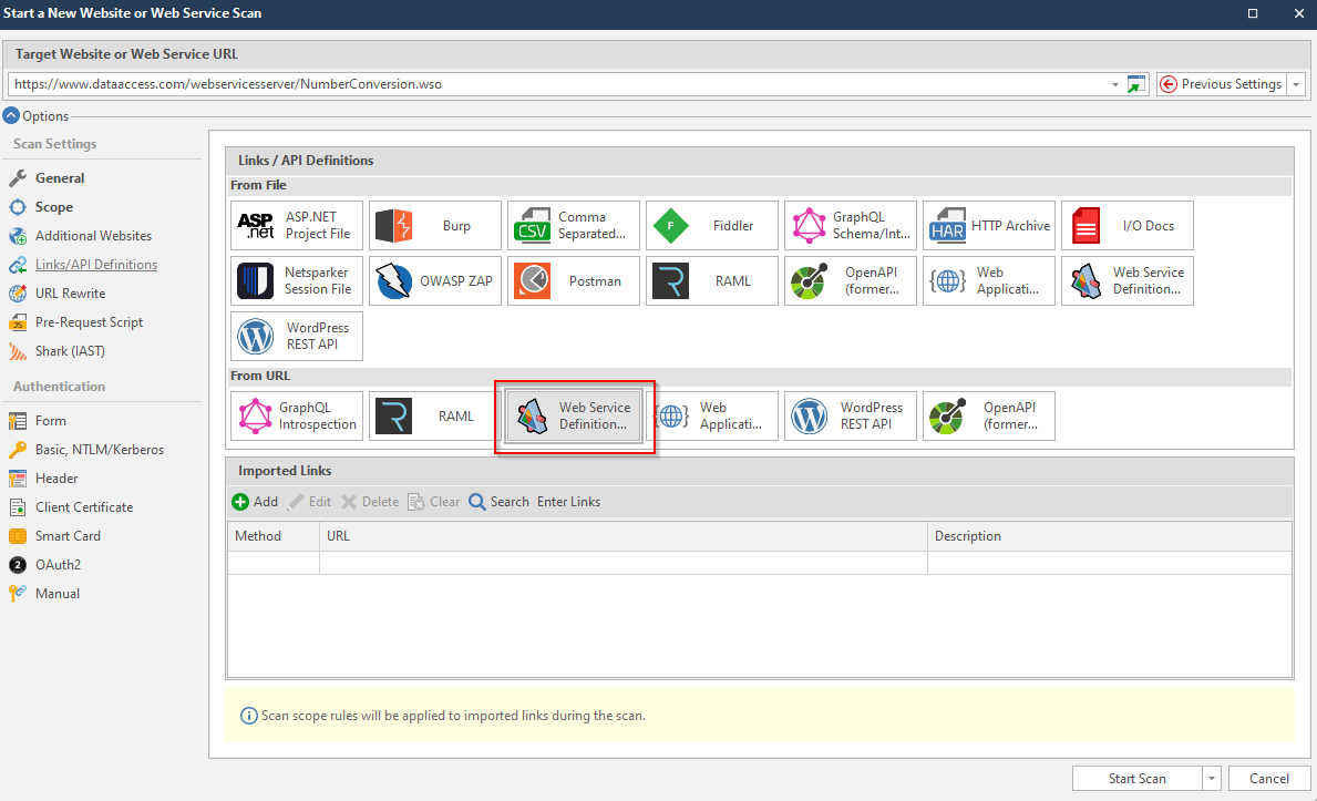 Import WSDL from URL in Invicti Standard.