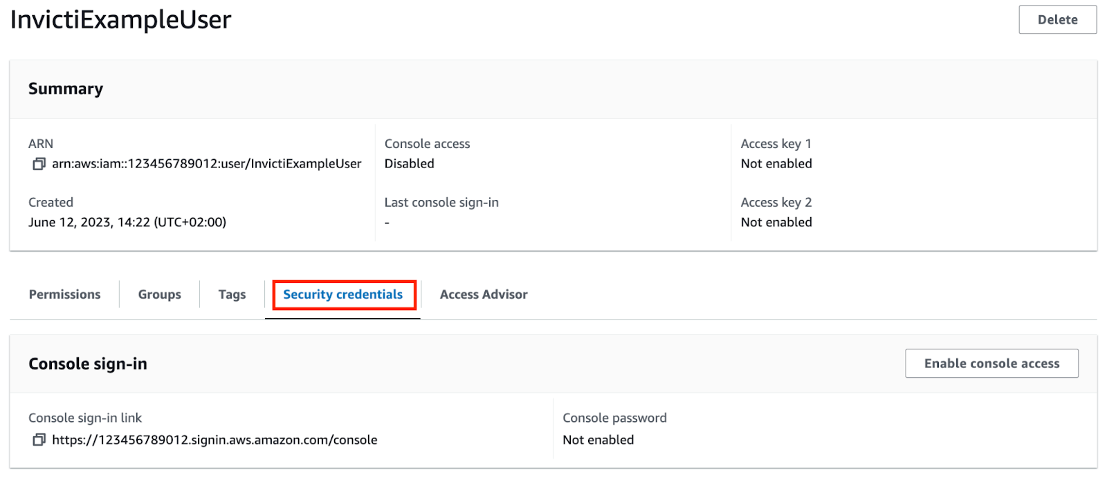Summary page in AWS with the Security credentials tab highlighted.