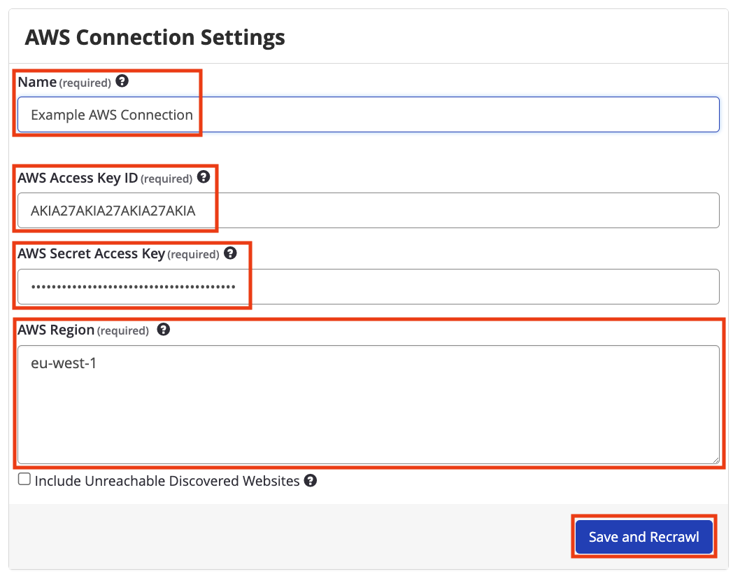AWS connection settings in Invicti.