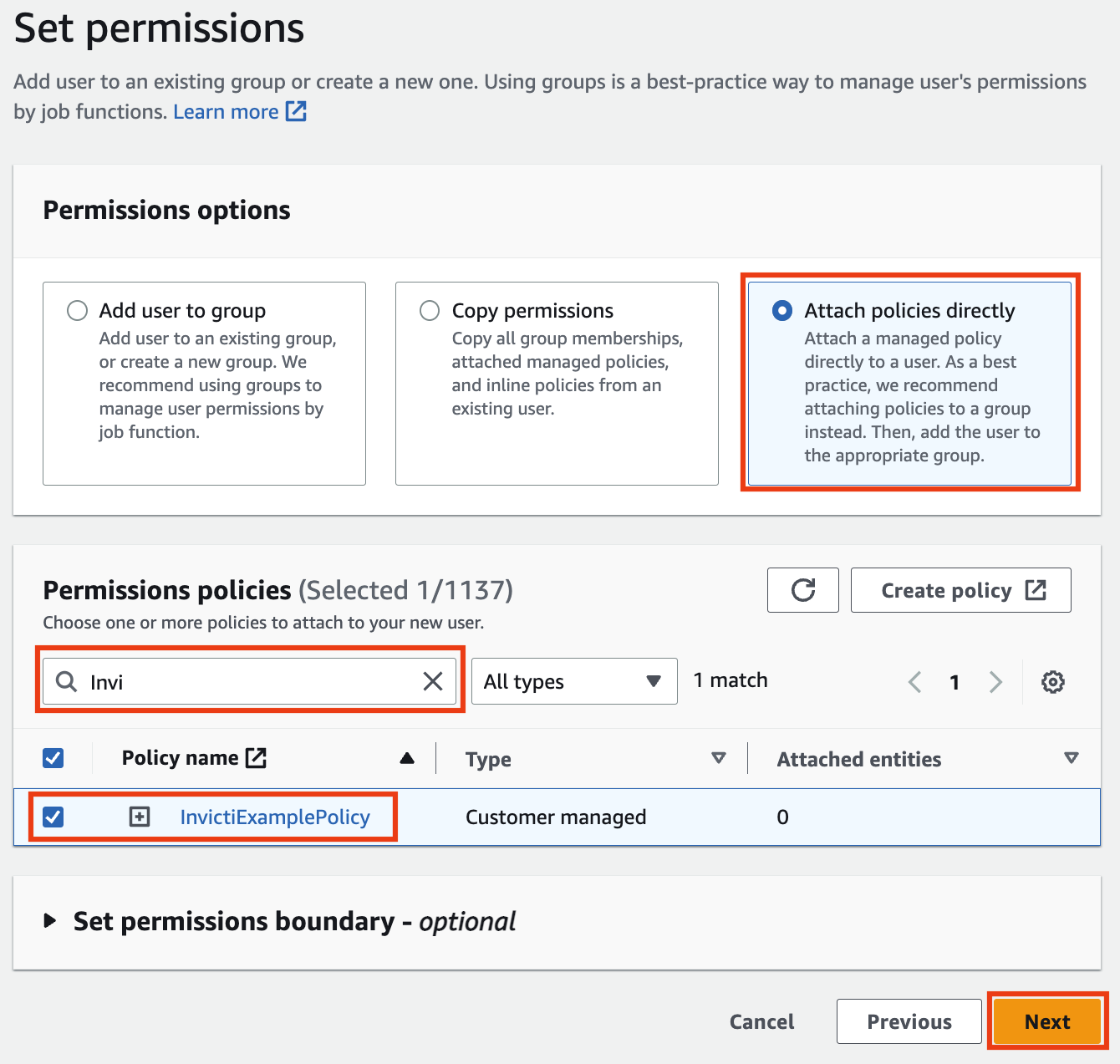 AWS permissions page with the permissions options set to Attach policies directly.