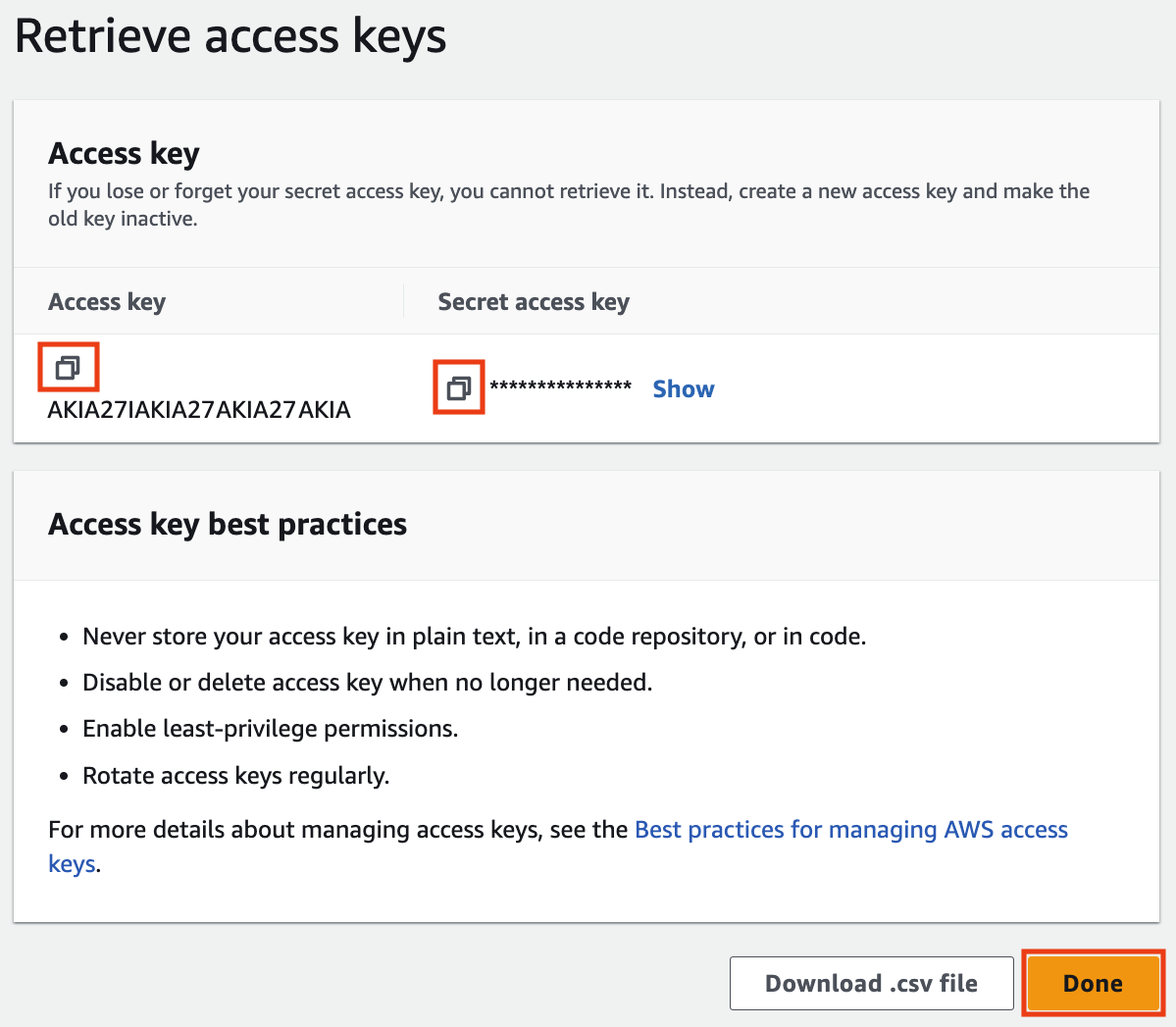 Retrieve access keys with highlighted areas for copying the access key and the secret access key.