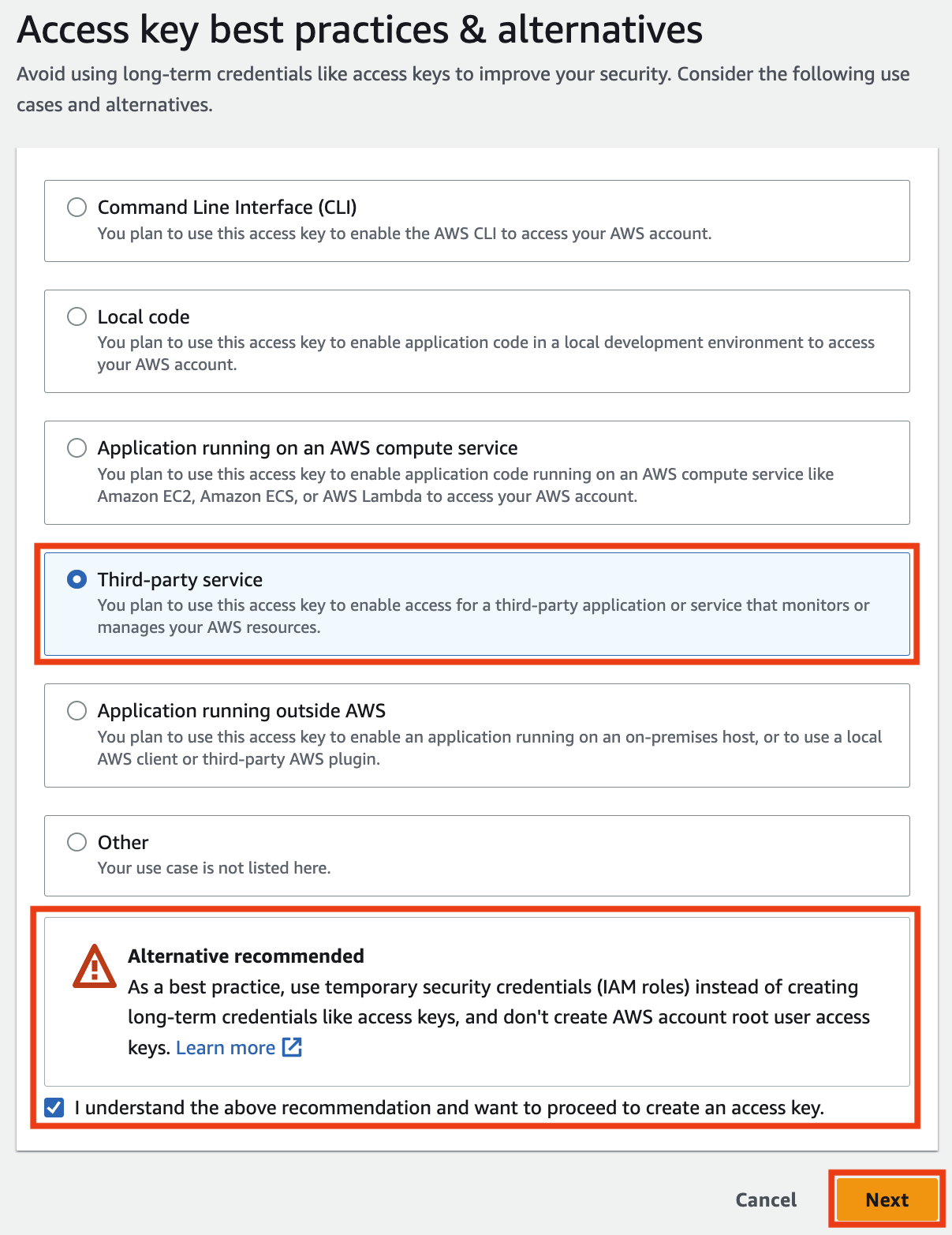 Access key best practices and alternatives page with a warning message.