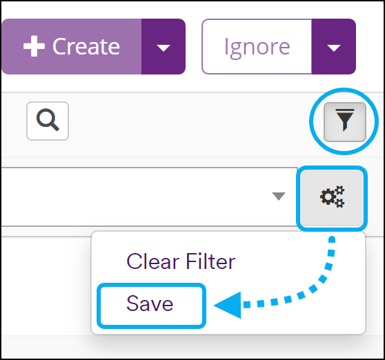 Discovered websites page showing the gear icon and save button to save a configured filter.