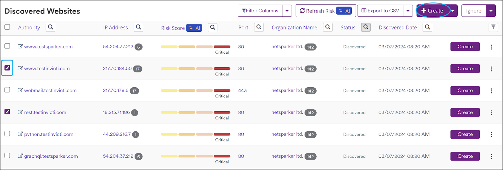 Invicti Enterprise page showing the discovered websites.