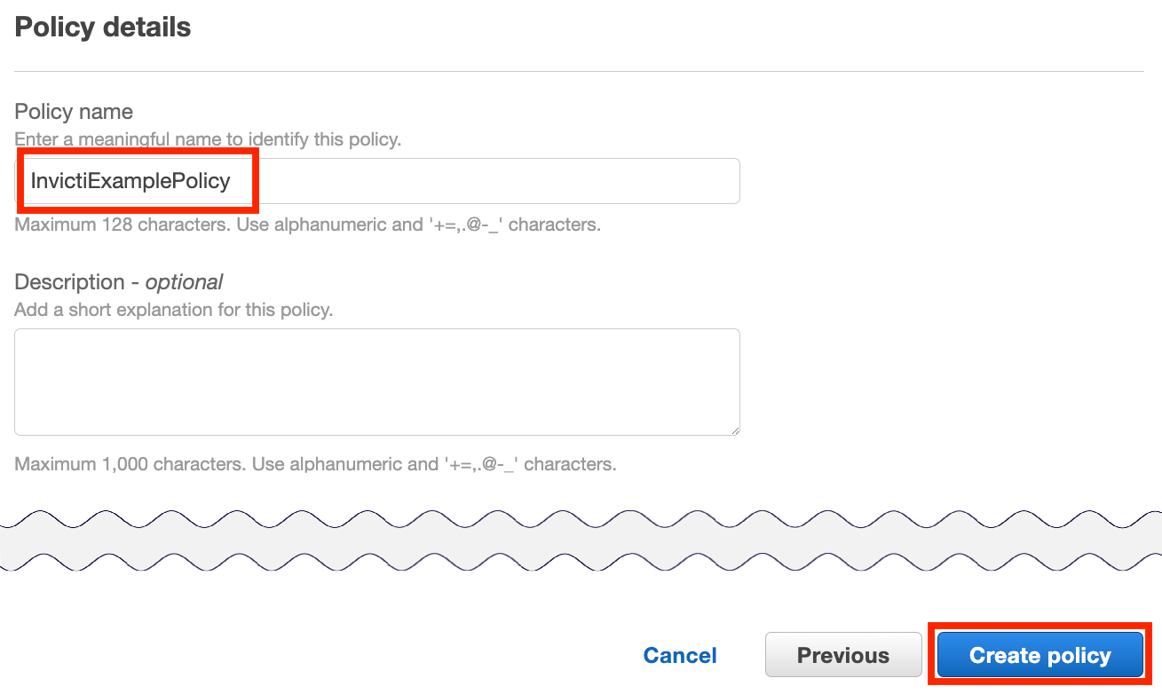 Policy details page with policy name and create policy button