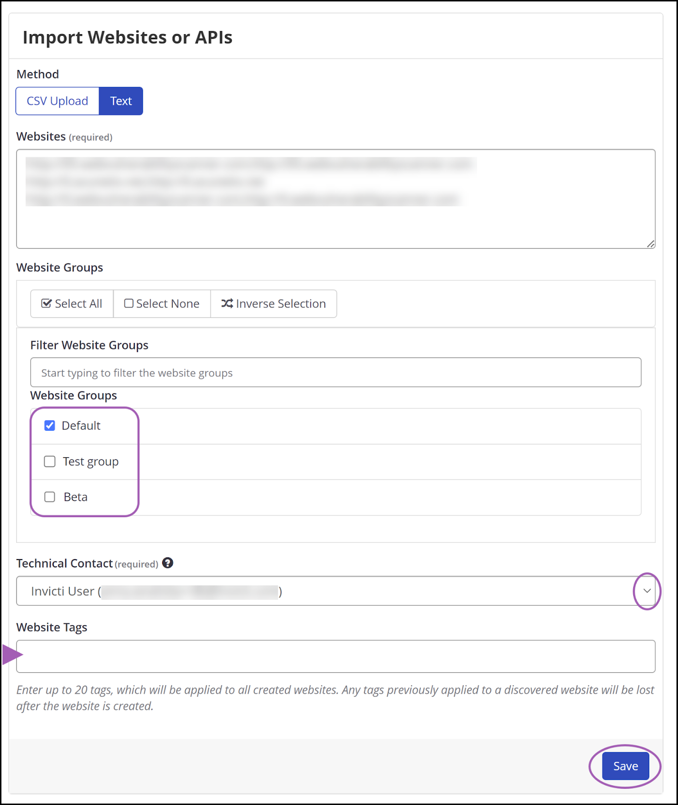 Import websites or APIs page, default groups selected, website tags added.