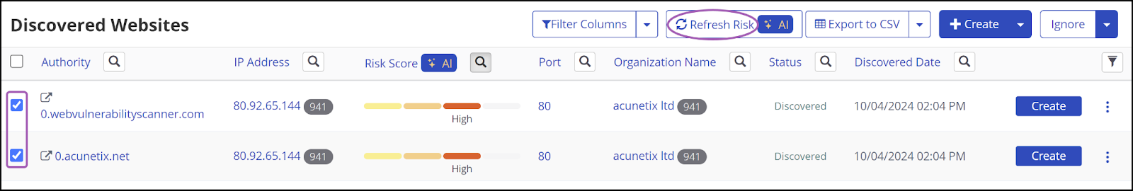 Invicti Enterprise Discovered websites page showing the Refresh score button at the top of the table