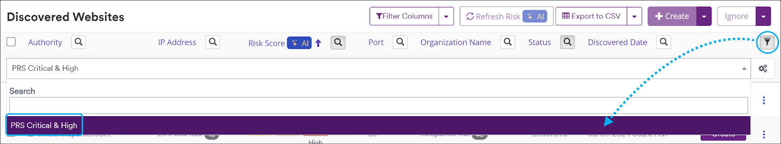 Discovered websites page showing the filter icon and opening a saved filter.