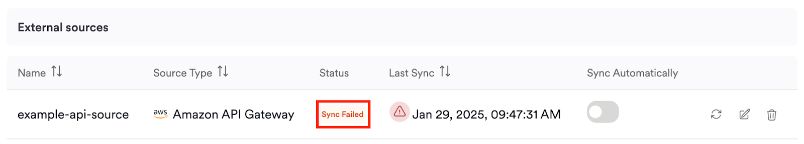 API source sync failure message