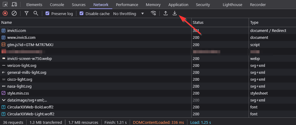 Export HAR button in browser
