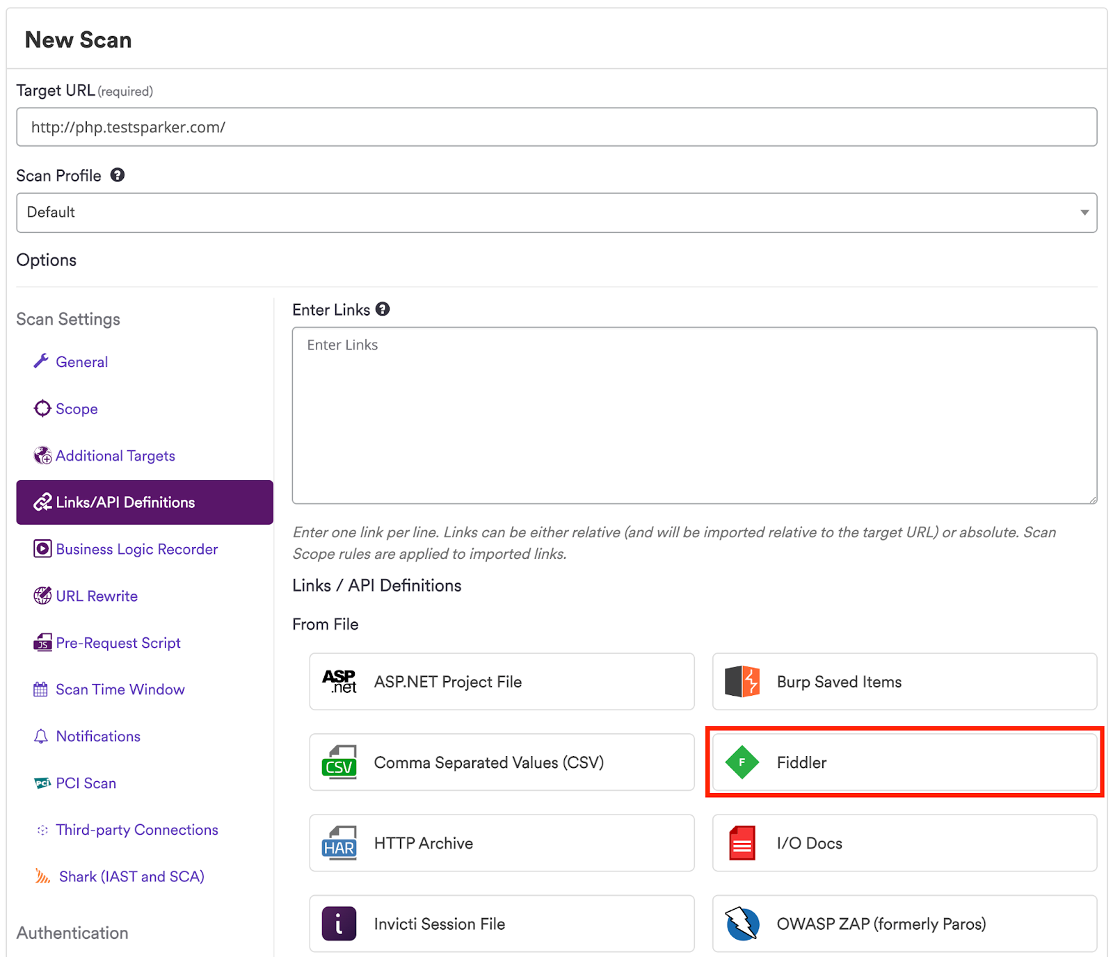 Fiddler file importer in scan settings