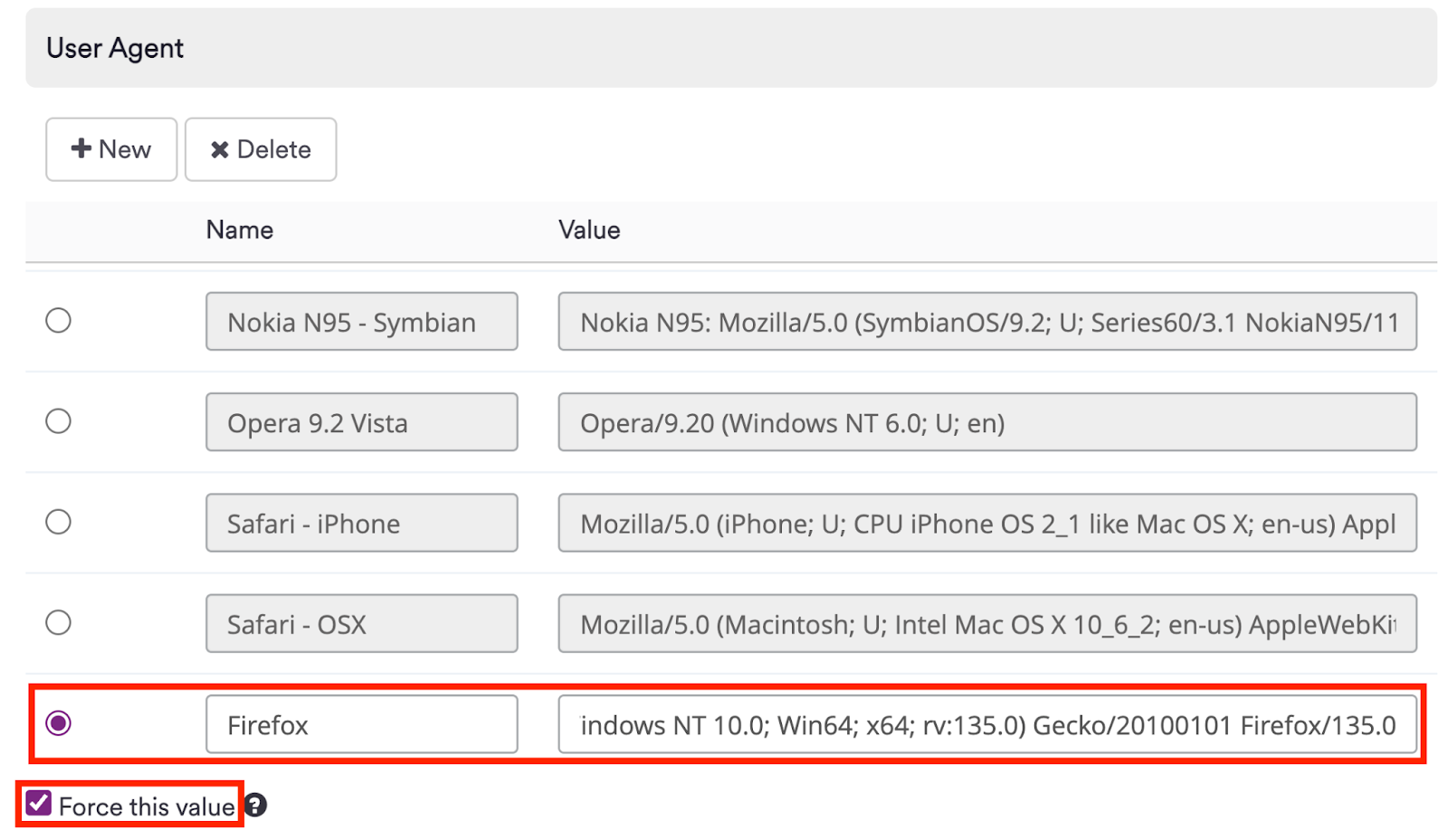 Firefox User Agent configured