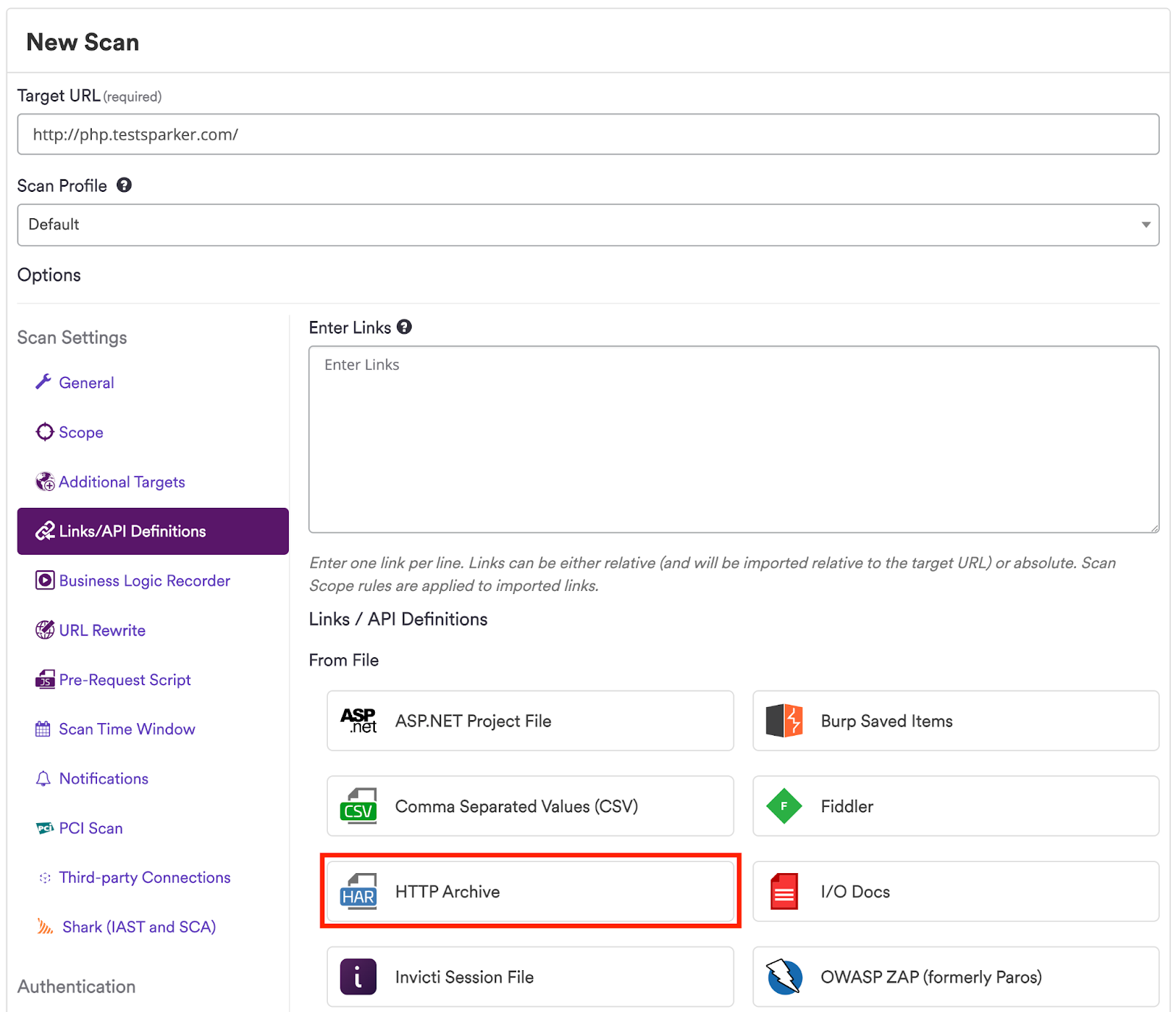 HTTP Archive file importer in scan settings