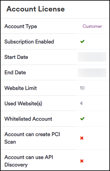 Account license window showing start and ed date and website limit.