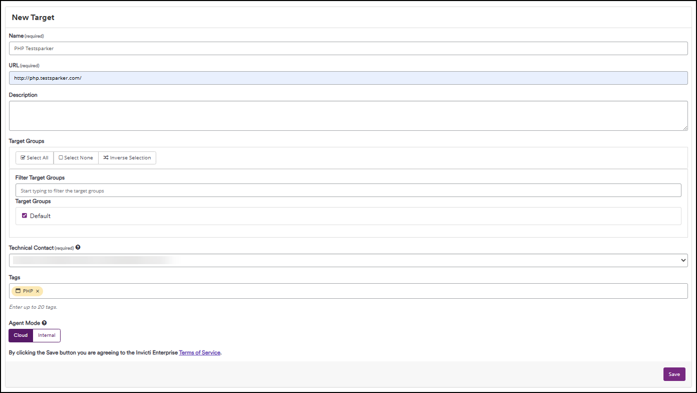 Add a new target website in Invicti Enterprise