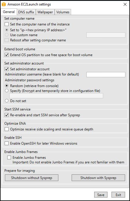 EC2 Launch settings.